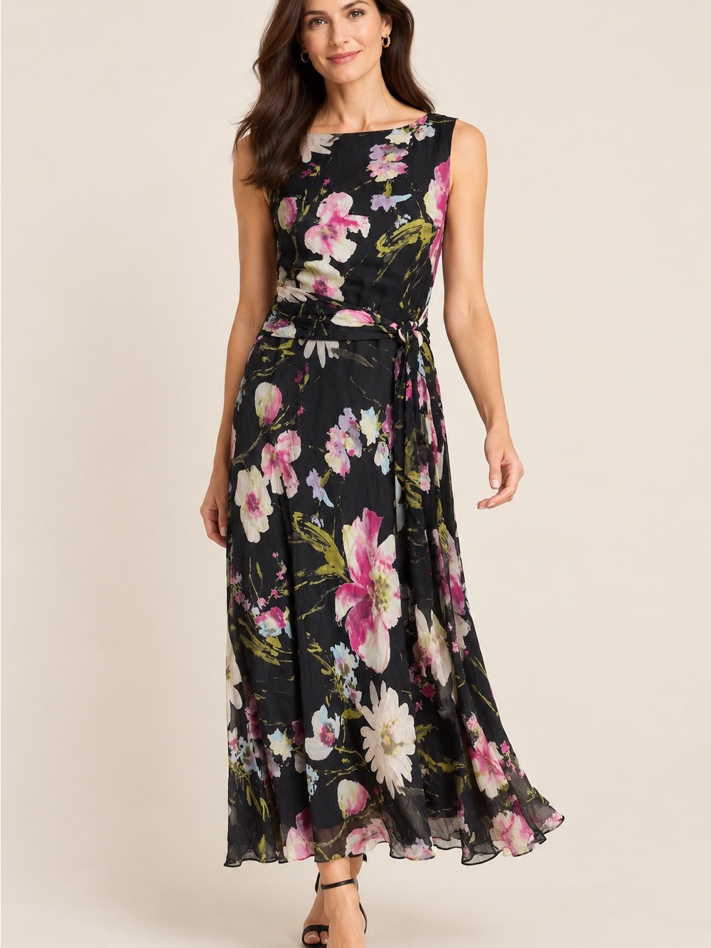 Talbots Pure Silk Midi Dress Dark Floral Chiffon Size 12 Romantic Wedding Guest